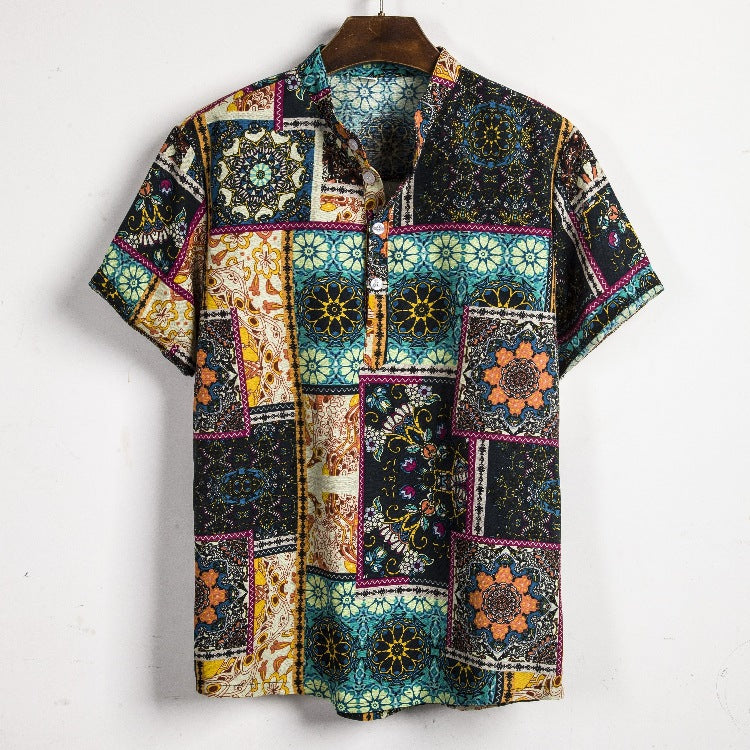 Men's Tropical Ethnic Print Cotton Linen Shirt