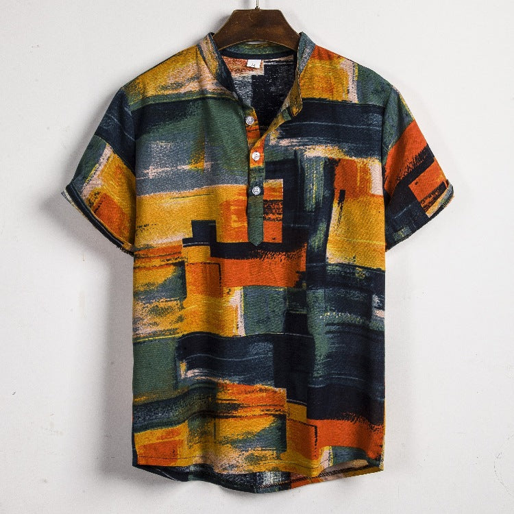 Men's Tropical Ethnic Print Cotton Linen Shirt