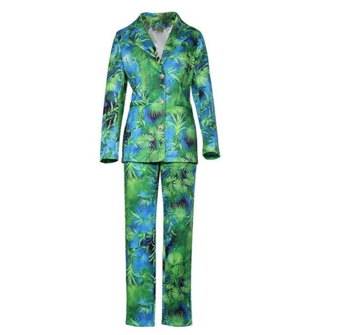 Autumn And Winter Amazon INS Tropical Rainforest Printed Suit Jacket  Trousers Casual Suit