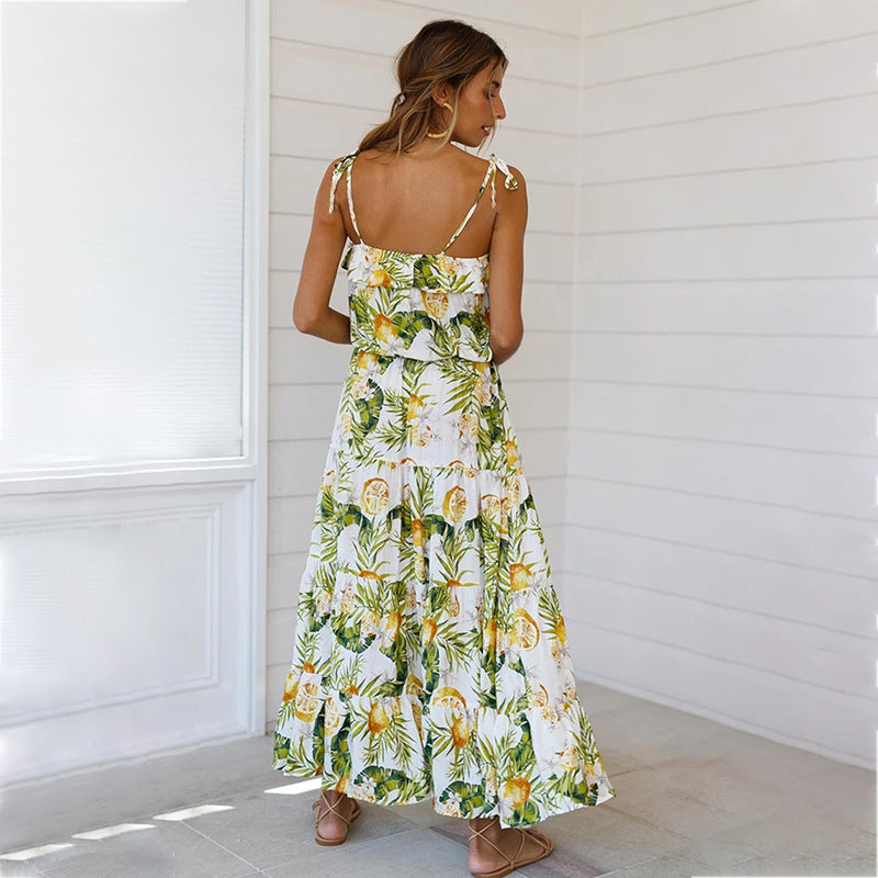 Tropical Rainforest Print Lace-up Panel Dress
