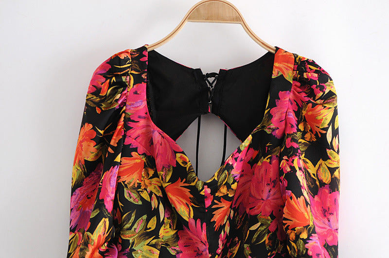Women's Fashion Neon Tropical Floral Print Puff Sleeve Top