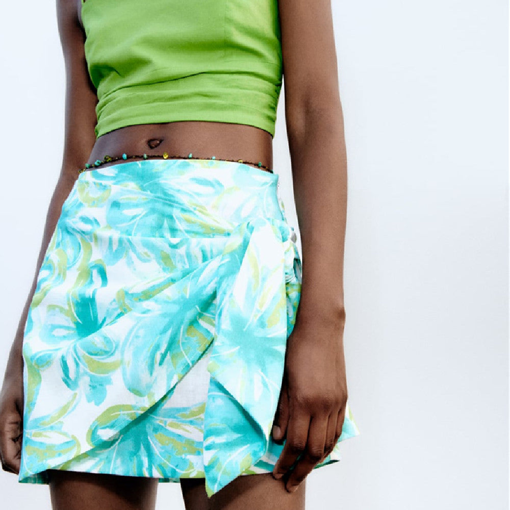 Women's Linen Tropical Print Wrap Mini Skirt