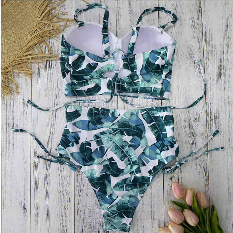 Cutout Lace Up Bikini Tropical Leaf Print Swimsuit