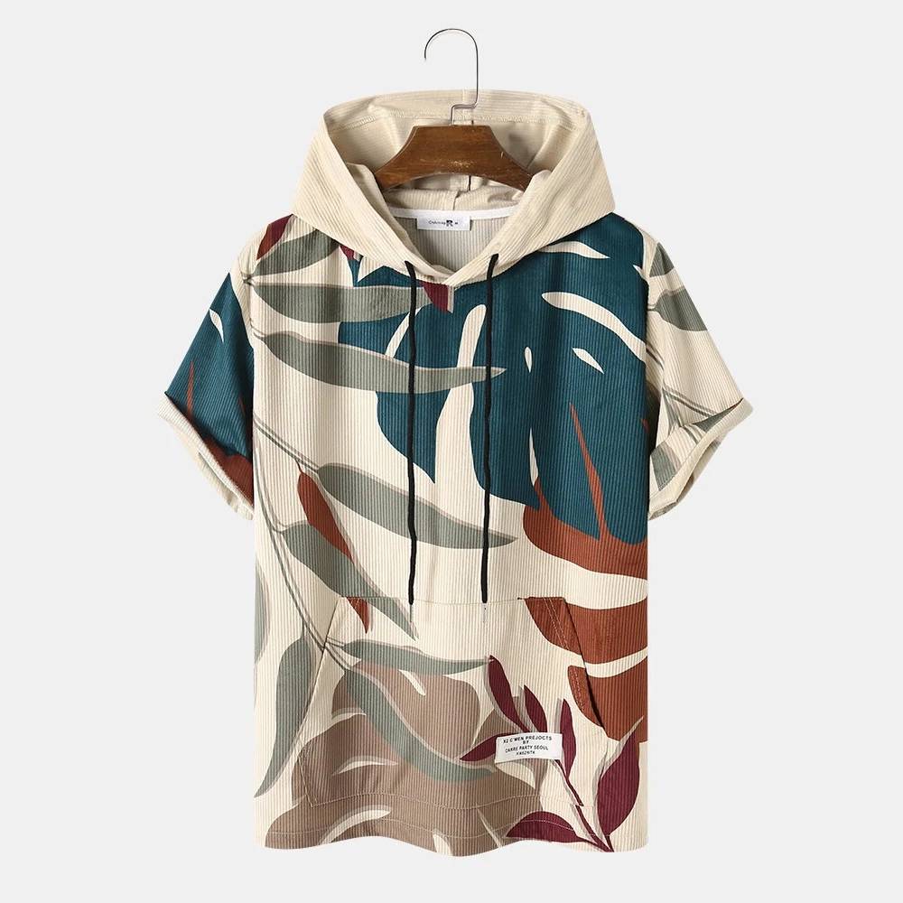 Spring And Summer Men's Tropical Plant Printed Corduroy Casual Short-sleeved Hooded T-shirt