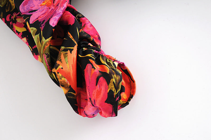 Women's Fashion Neon Tropical Floral Print Puff Sleeve Top