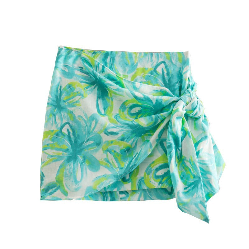 Women's Linen Tropical Print Wrap Mini Skirt