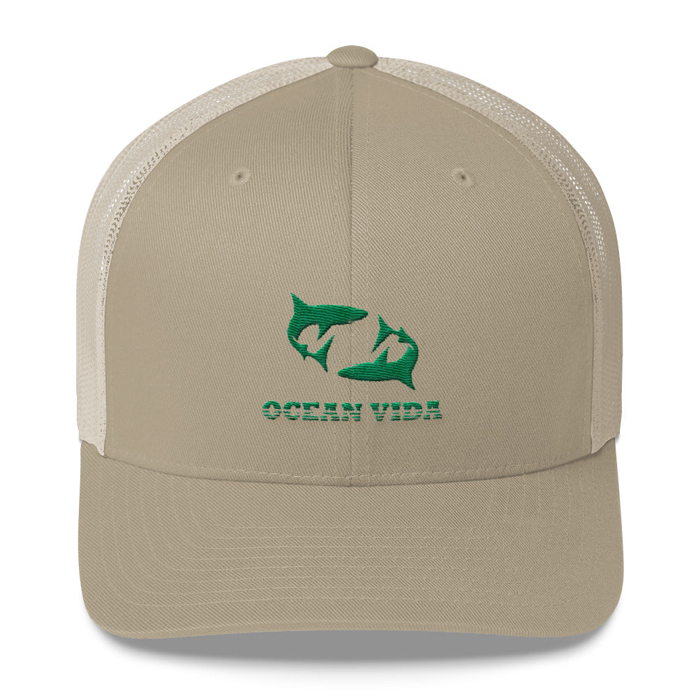 Sand Outdoor Trucker Cap with Seaweed Green Logo