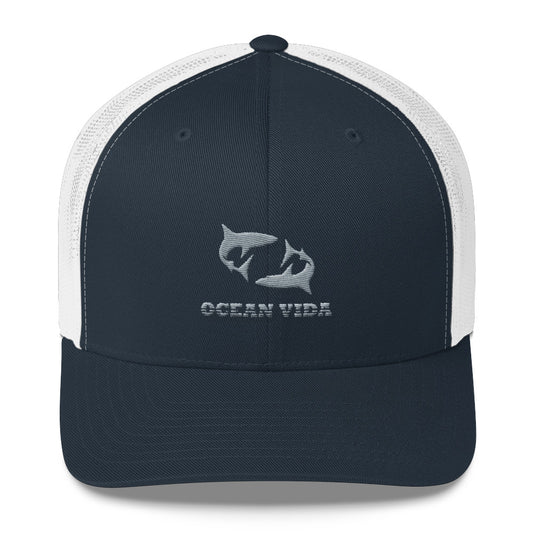 Navy and White Outdoor Trucker Cap with Gray Logo