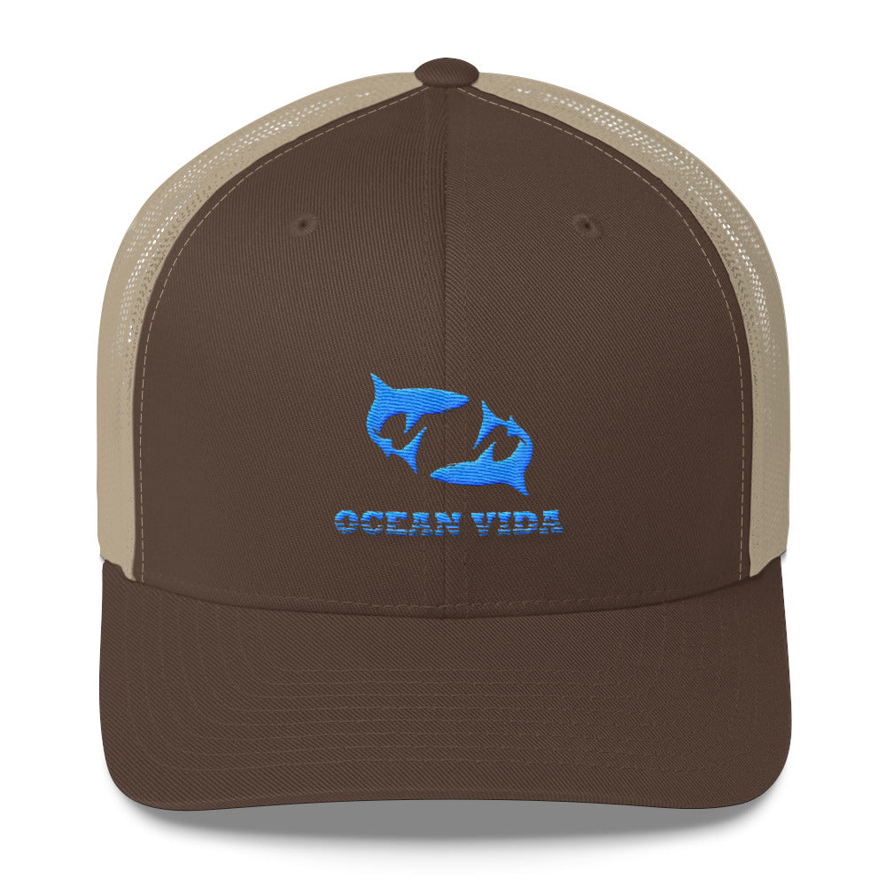 Brown and Sand Outdoor Trucker Cap with Sky Blue Logo