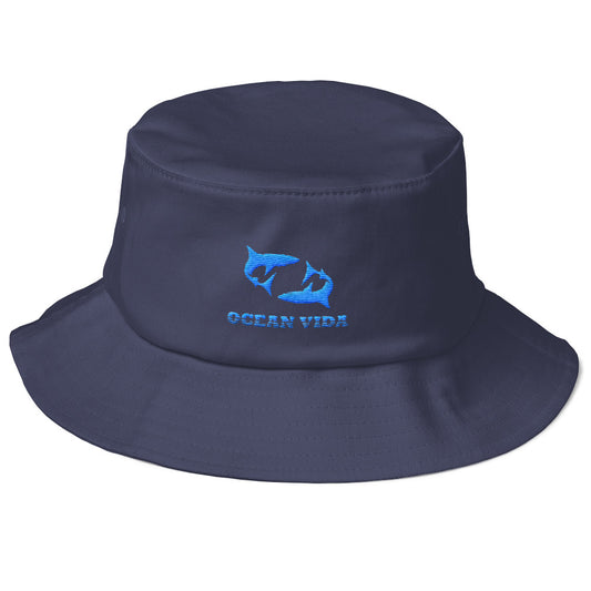 Navy Old School Bucket Hat with Sky Blue Logo