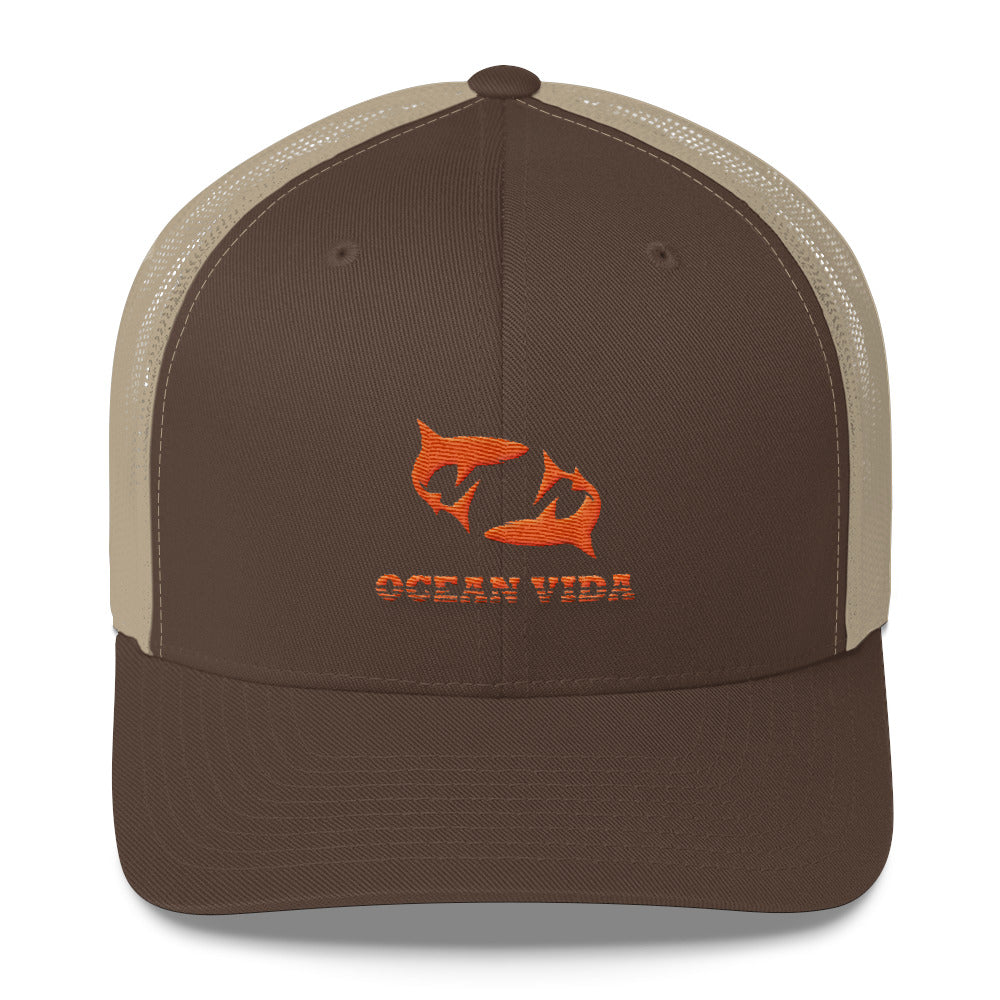Brown and Sand Outdoor Trucker Cap with Orange Logo