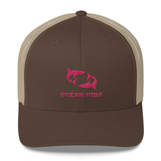 Brown and Sand Outdoor Trucker Cap with Pink Logo