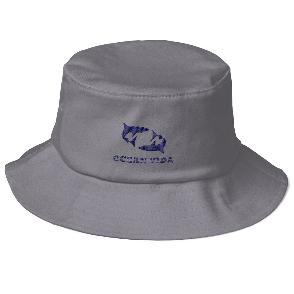 Gray Old School Bucket Hat with Navy Logo