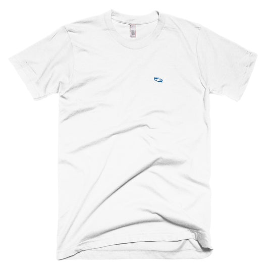 White T-Shirt with Embroidered Royal Blue Sharks
