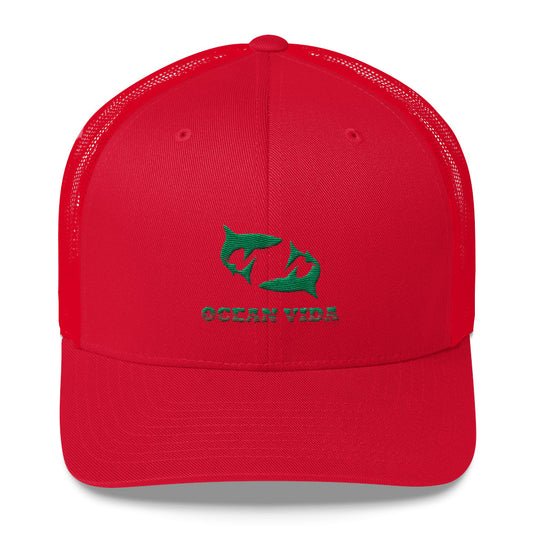 Red Outdoor Trucker Cap with Seaweed Green Logo