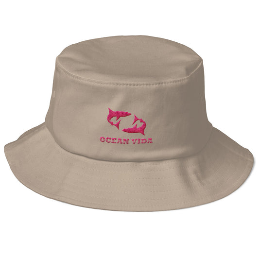 Sand Old School Bucket Hat with Pink Logo