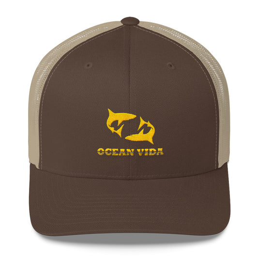 Brown and Sand Outdoor Trucker Cap with Yellow Logo