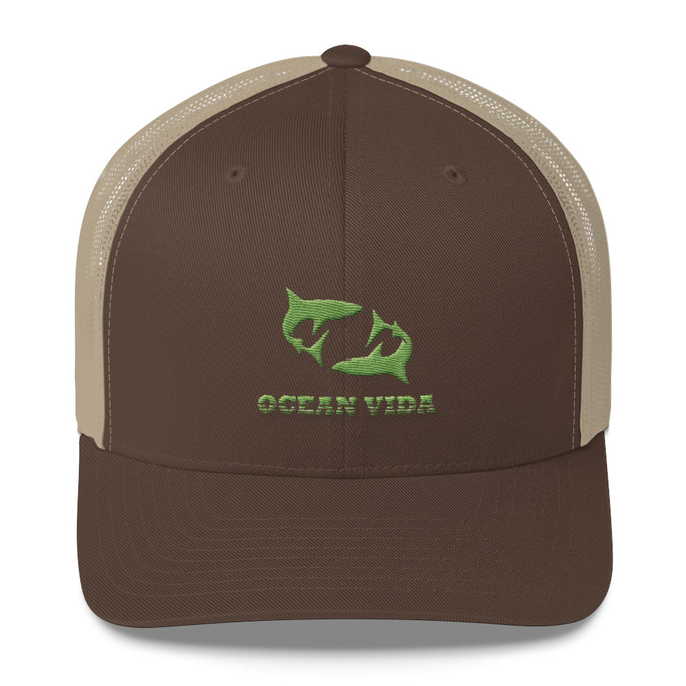 Brown and Sand Outdoor Trucker Cap with Moss Green Logo