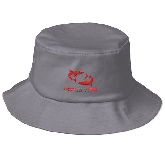 Gray Old School Bucket Hat with Red Logo